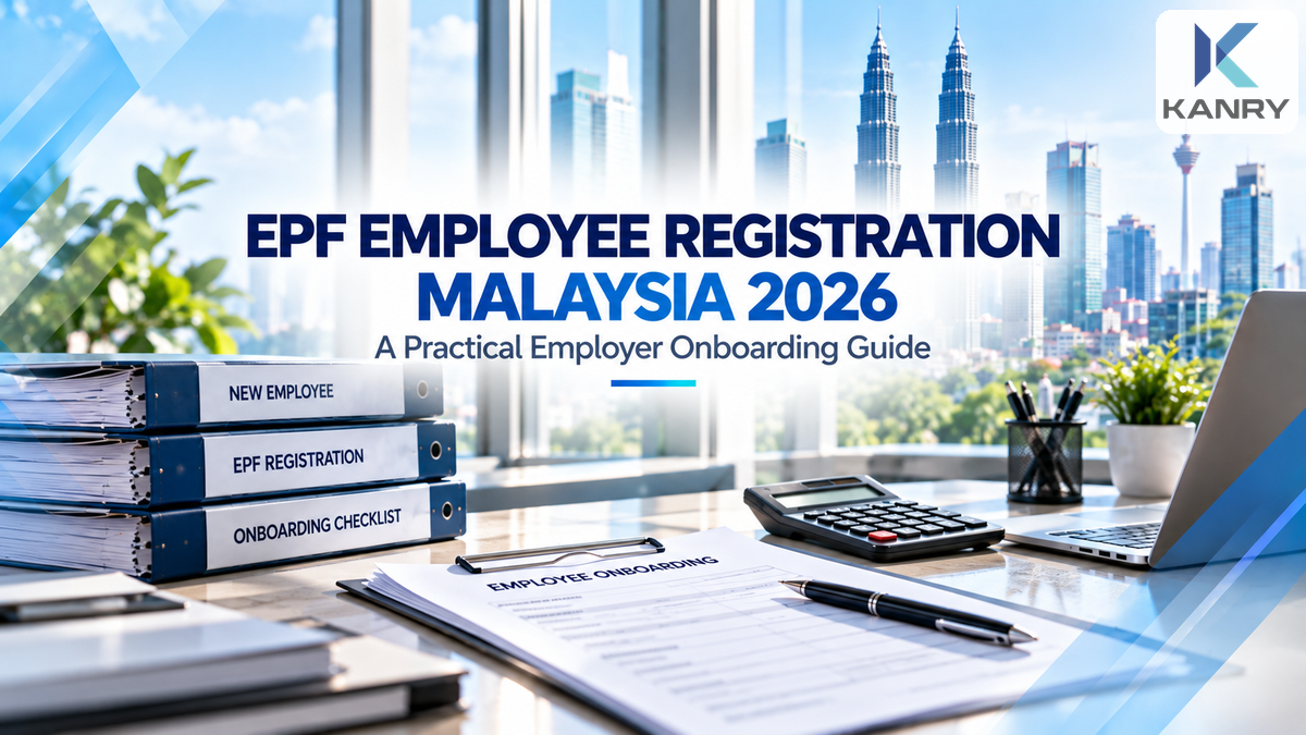 EPF employee registration Malaysia 2026 employer guide featuring a Kuala Lumpur office, employee onboarding records, payroll documents and Kanry Search branding.